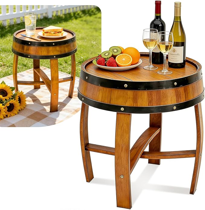 Rustic Oak Whiskey Barrel Side Table with Metal Bands