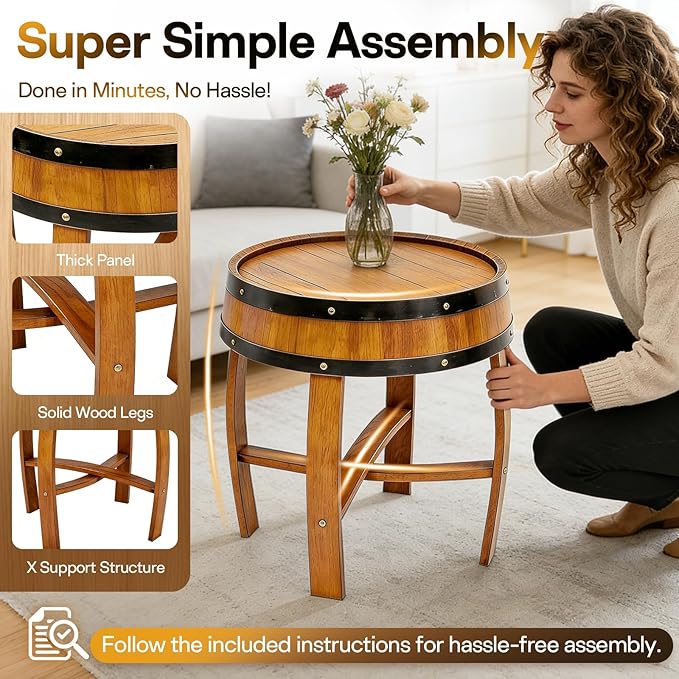 Rustic Oak Whiskey Barrel Side Table with Metal Bands