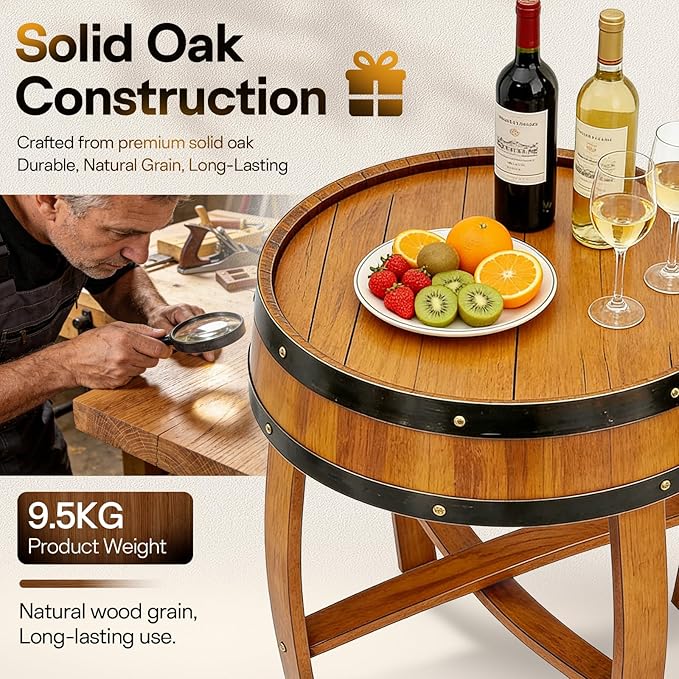 Rustic Oak Whiskey Barrel Side Table with Metal Bands