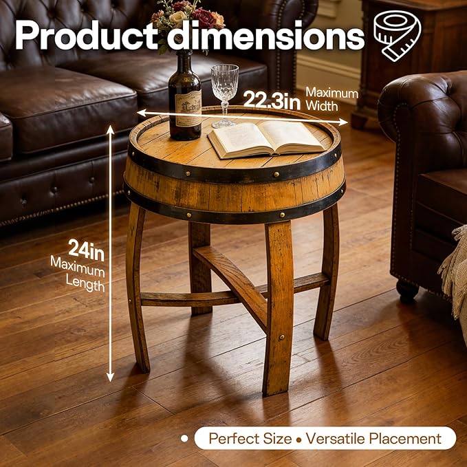 Rustic Oak Whiskey Barrel Side Table with Metal Bands