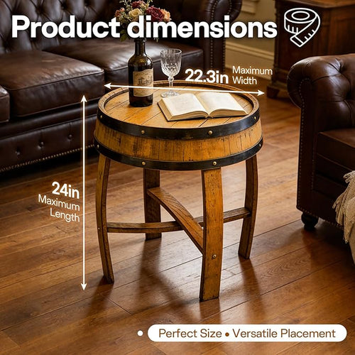 Rustic Oak Whiskey Barrel Side Table with Metal Bands